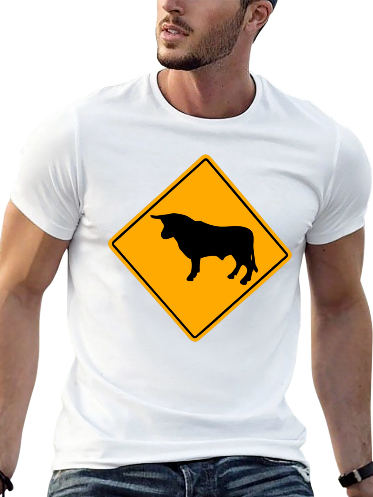 Bull Warning Sign Graphic Tee - Black Cotton T-Shirt