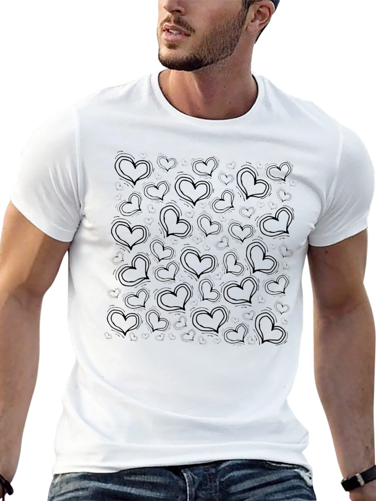 Heart Print Black Casual T-Shirt