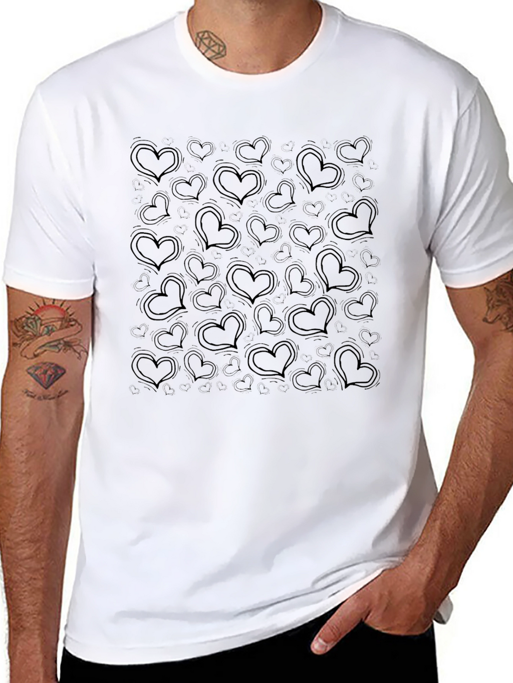 Heart Print Black Casual T-Shirt