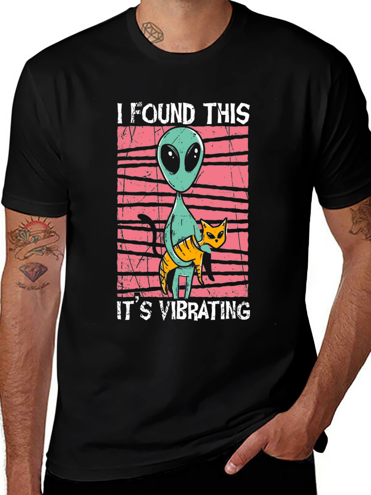 Alien & Cat Vibrating Humor Graphic Tee