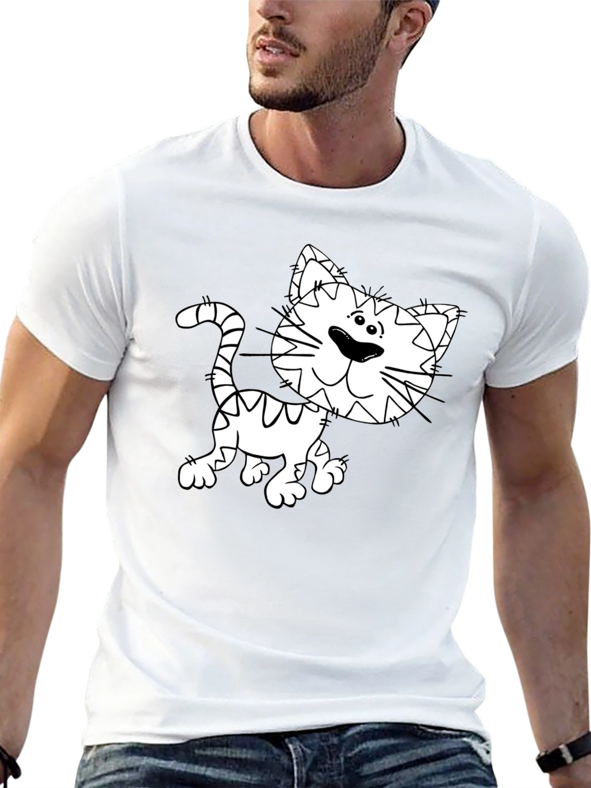 Cartoon Cat Graphic Tee - Black