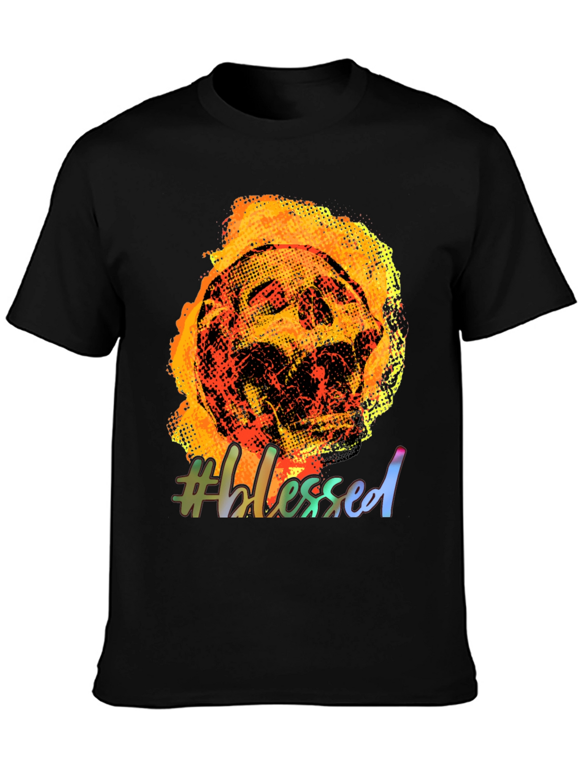 Fiery Skull #Blessed Graphic Tee - Black Cotton T-Shirt