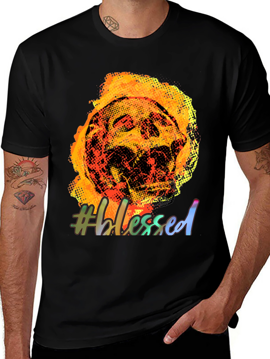 Fiery Skull #Blessed Graphic Tee - Black Cotton T-Shirt