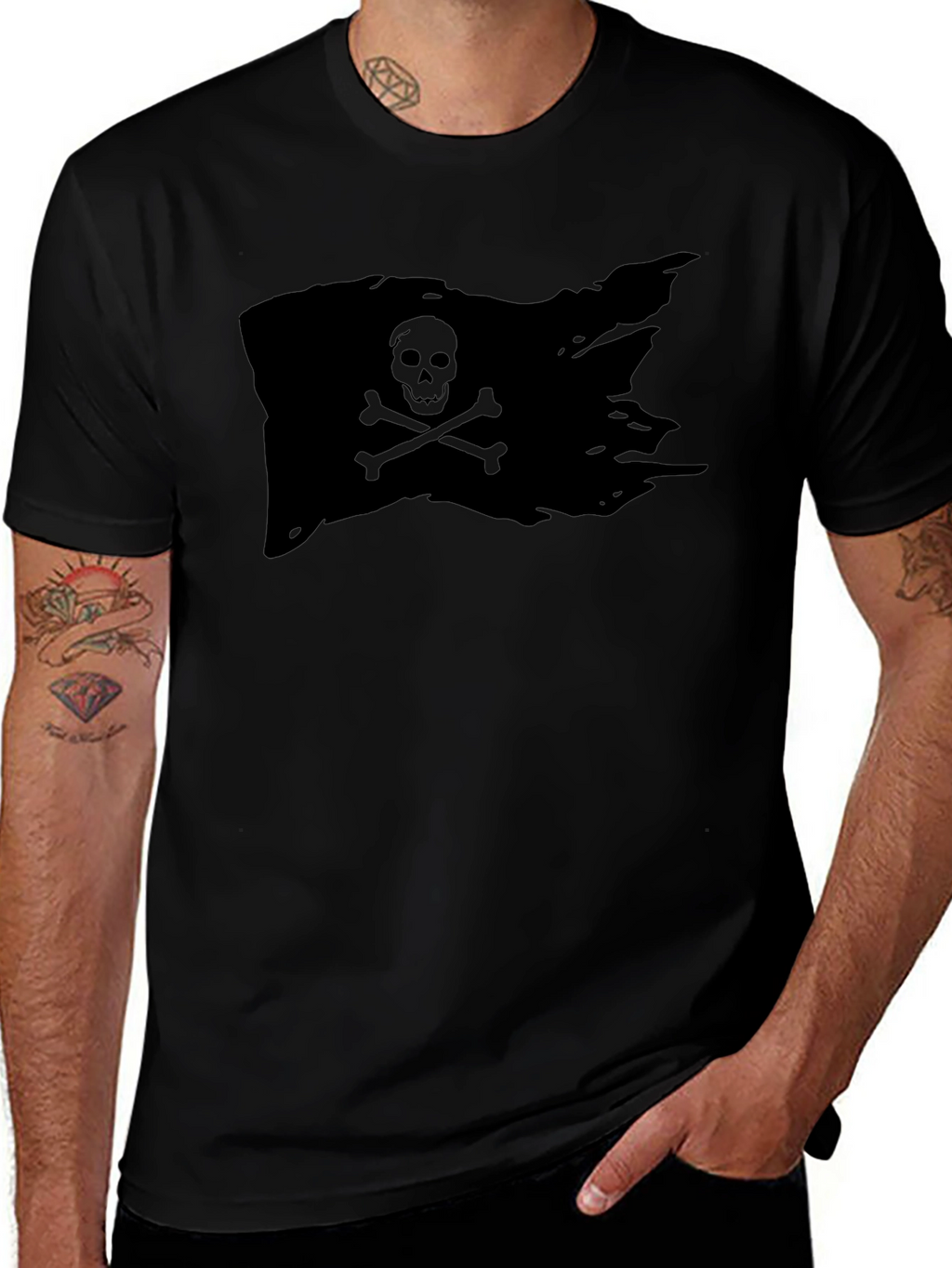 Black Pirate Flag T-Shirt Skull Bones Graphic Tee