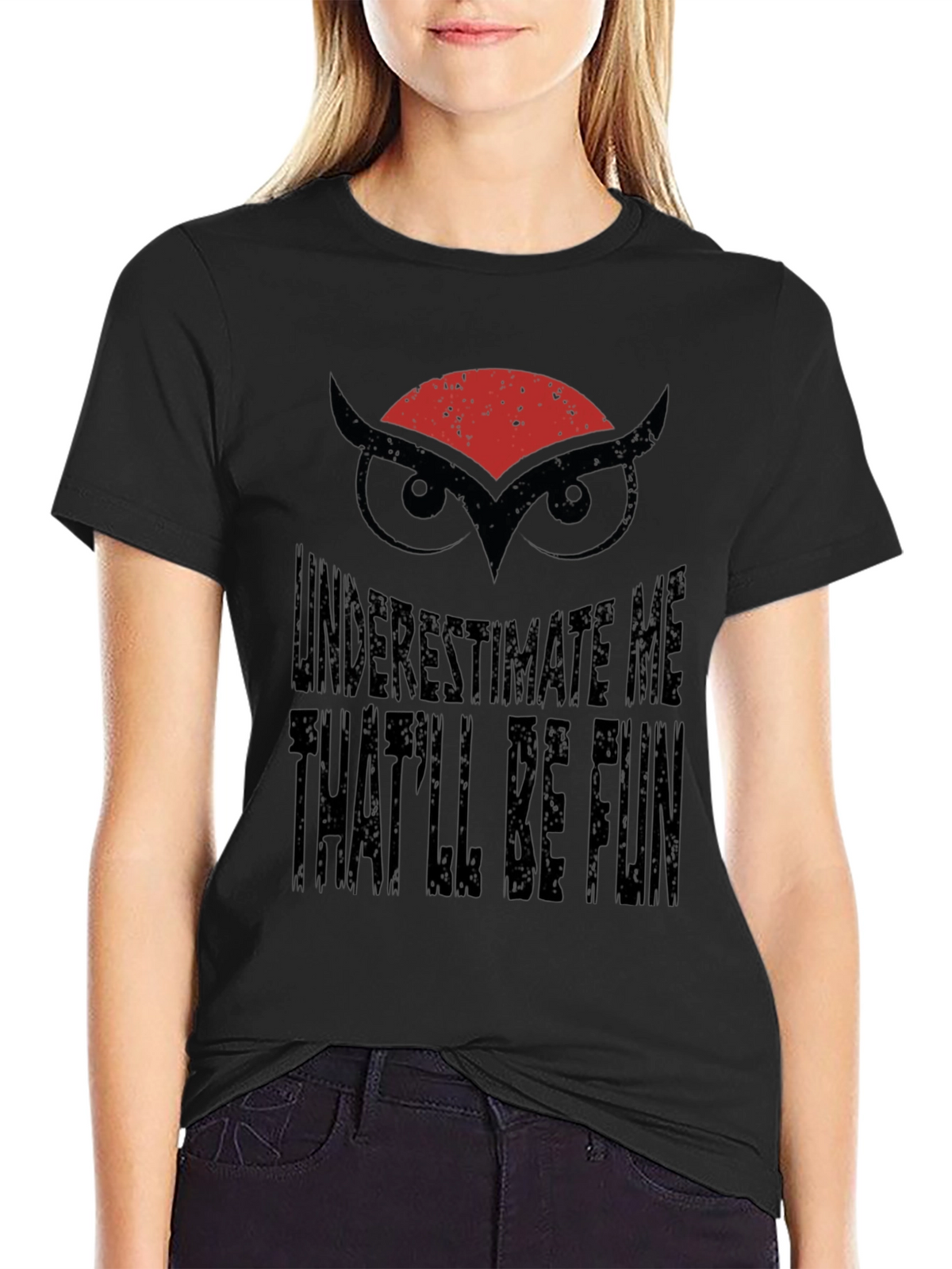 Underestimate Me Owl Graphic Black T-Shirt