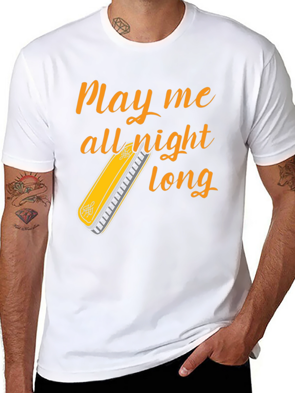 Play All Night Long T-Shirt - Harmonica Music Tee