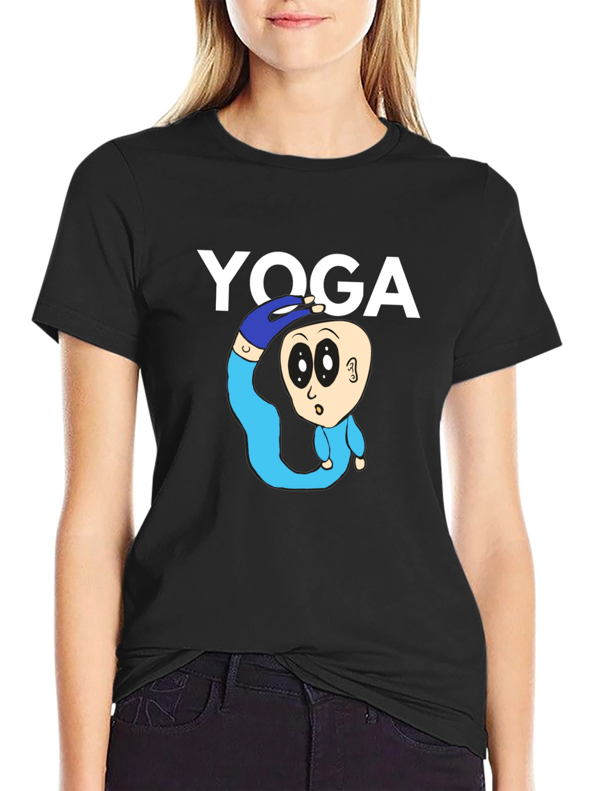 Yoga Cartoon Graphic Tee - Black Cotton Blend