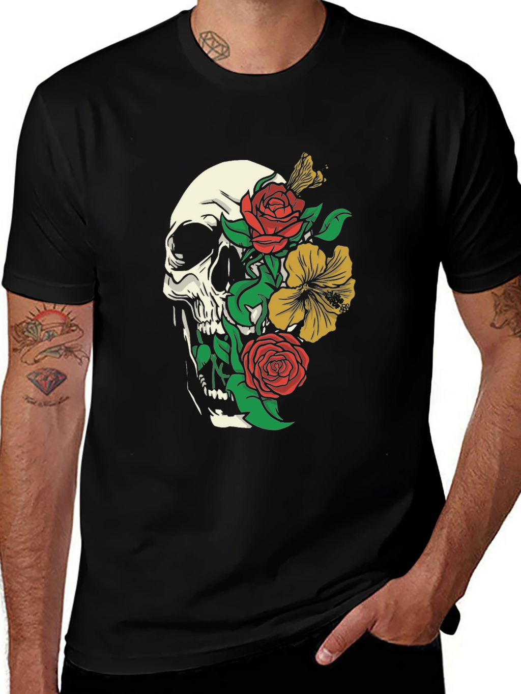 Skull & Floral Print Tee - Gothic Style