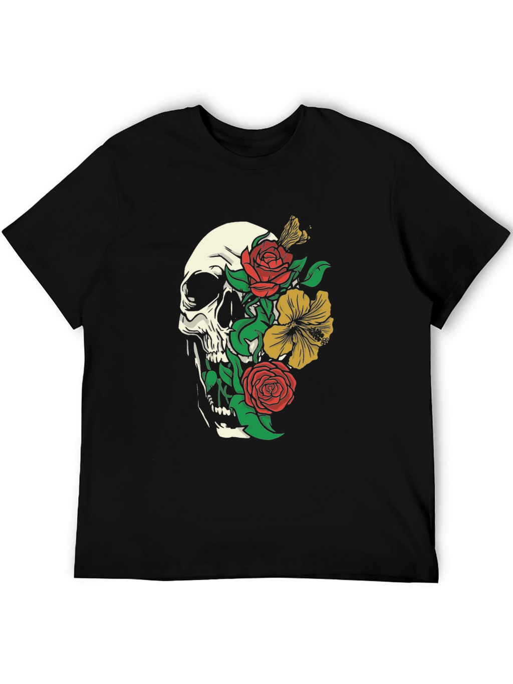 Skull & Floral Print Tee - Gothic Style