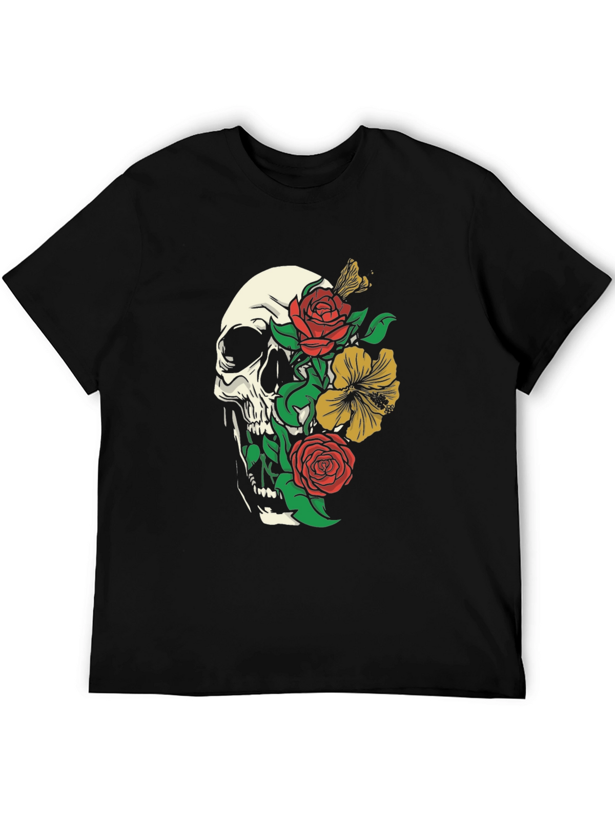 Skull & Floral Print Tee - Gothic Style