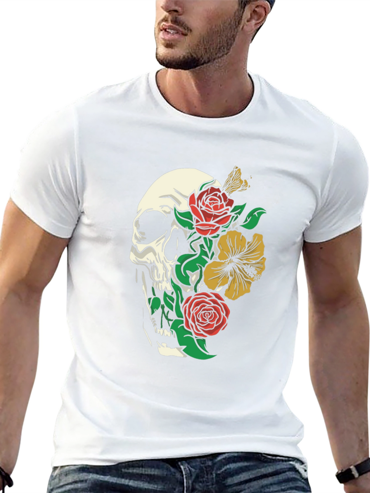 Skull & Floral Print Tee - Gothic Style