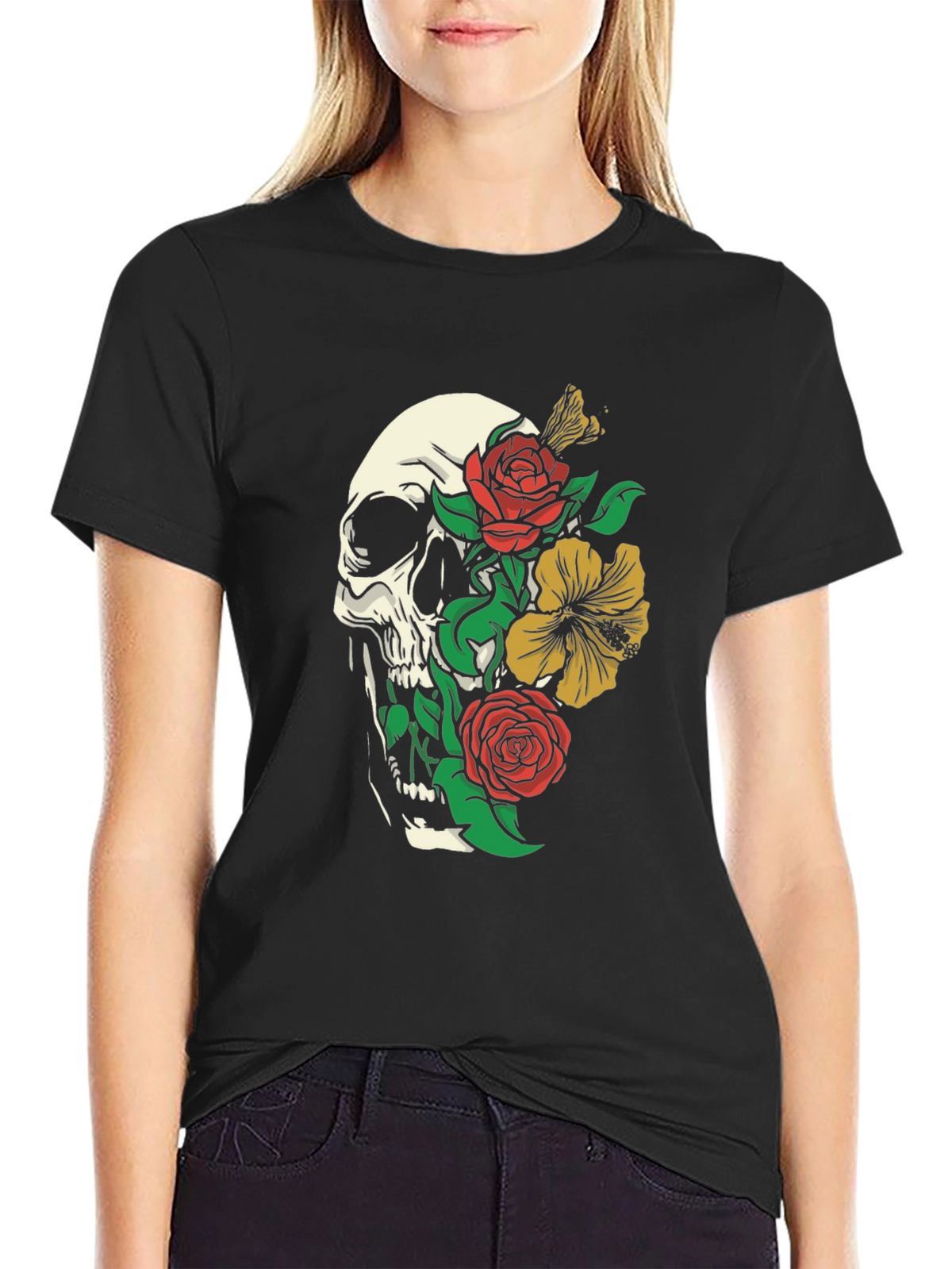 Skull & Floral Print Tee - Gothic Style