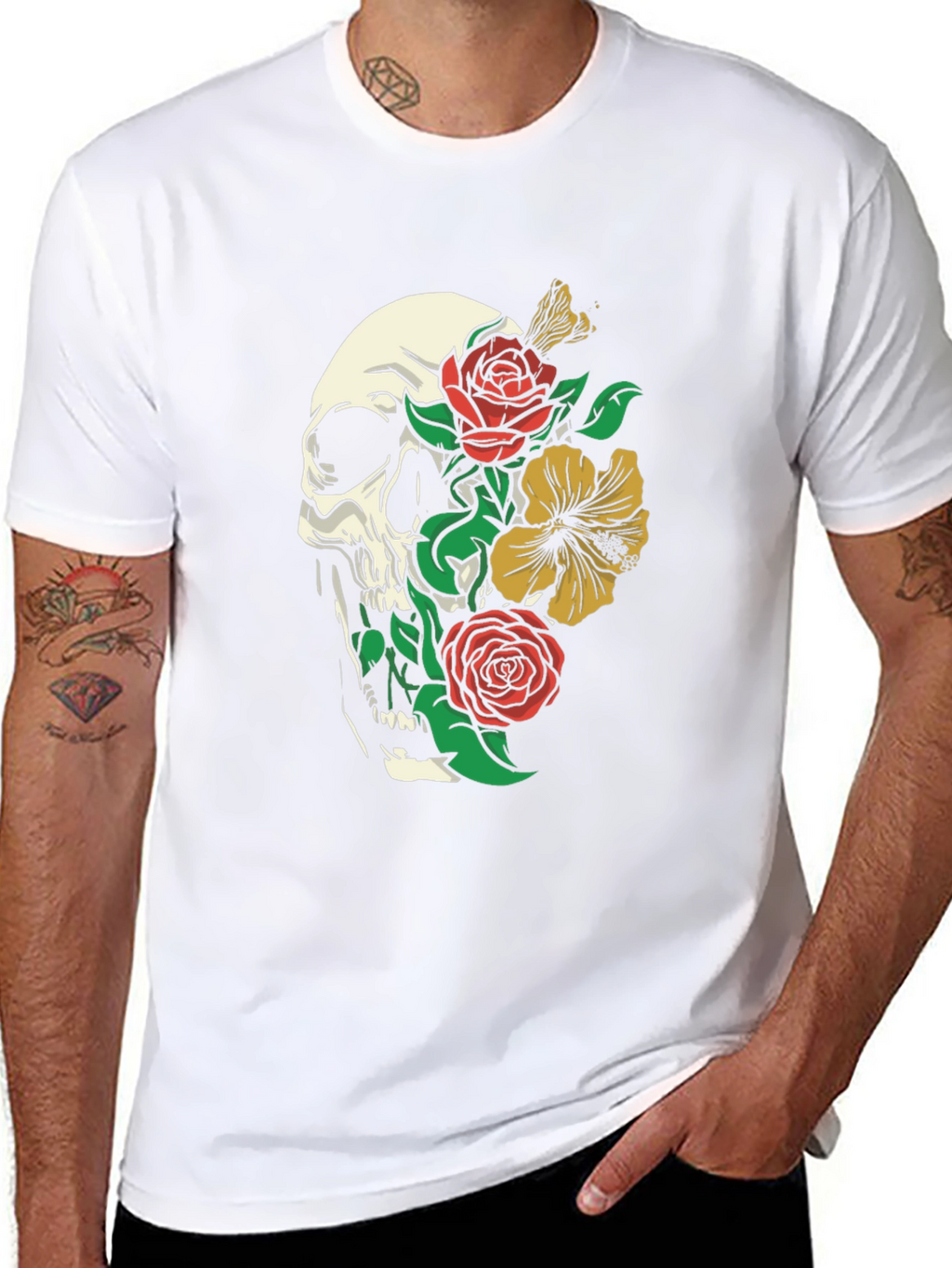 Skull & Floral Print Tee - Gothic Style