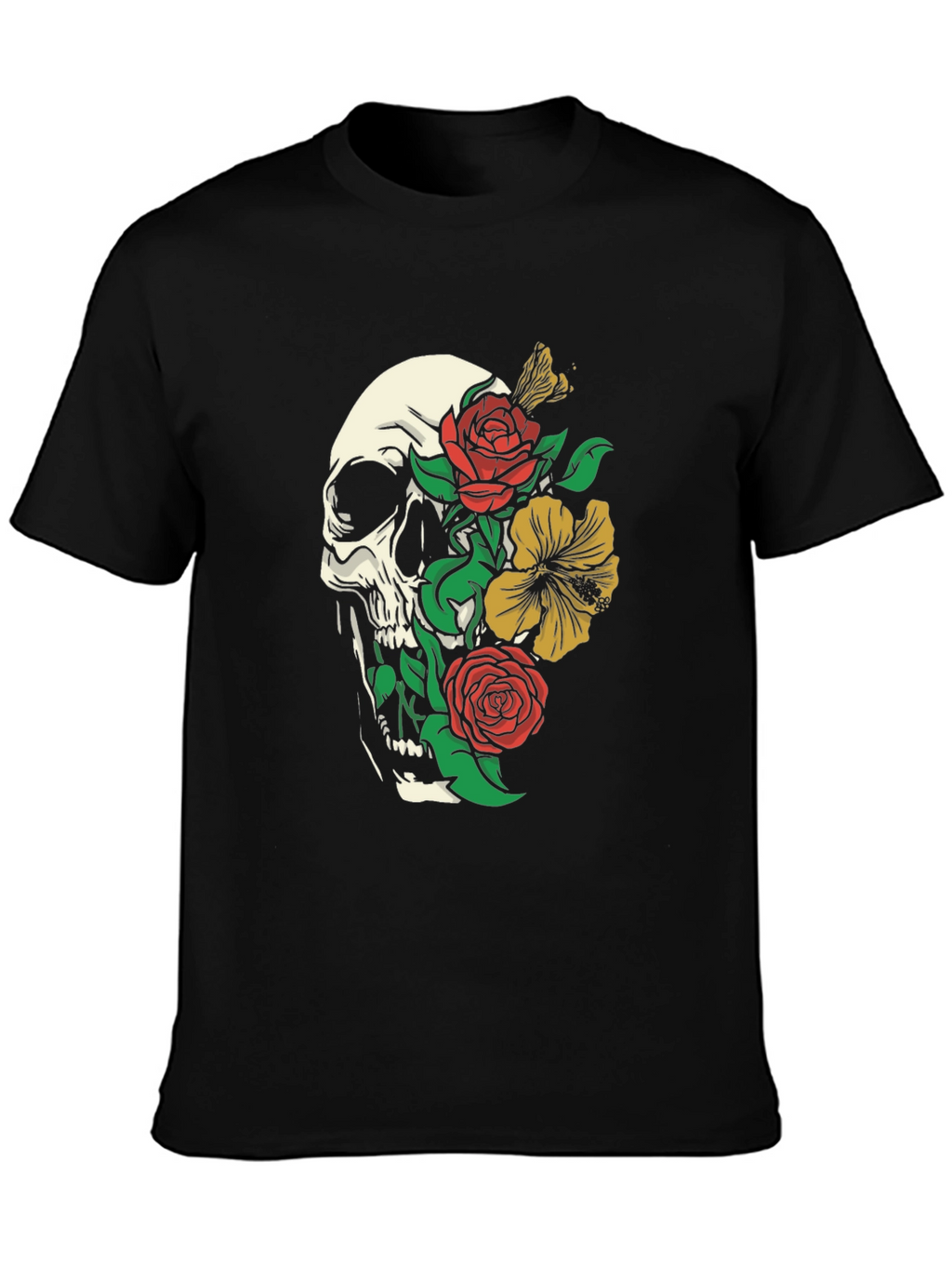 Skull & Floral Print Tee - Gothic Style
