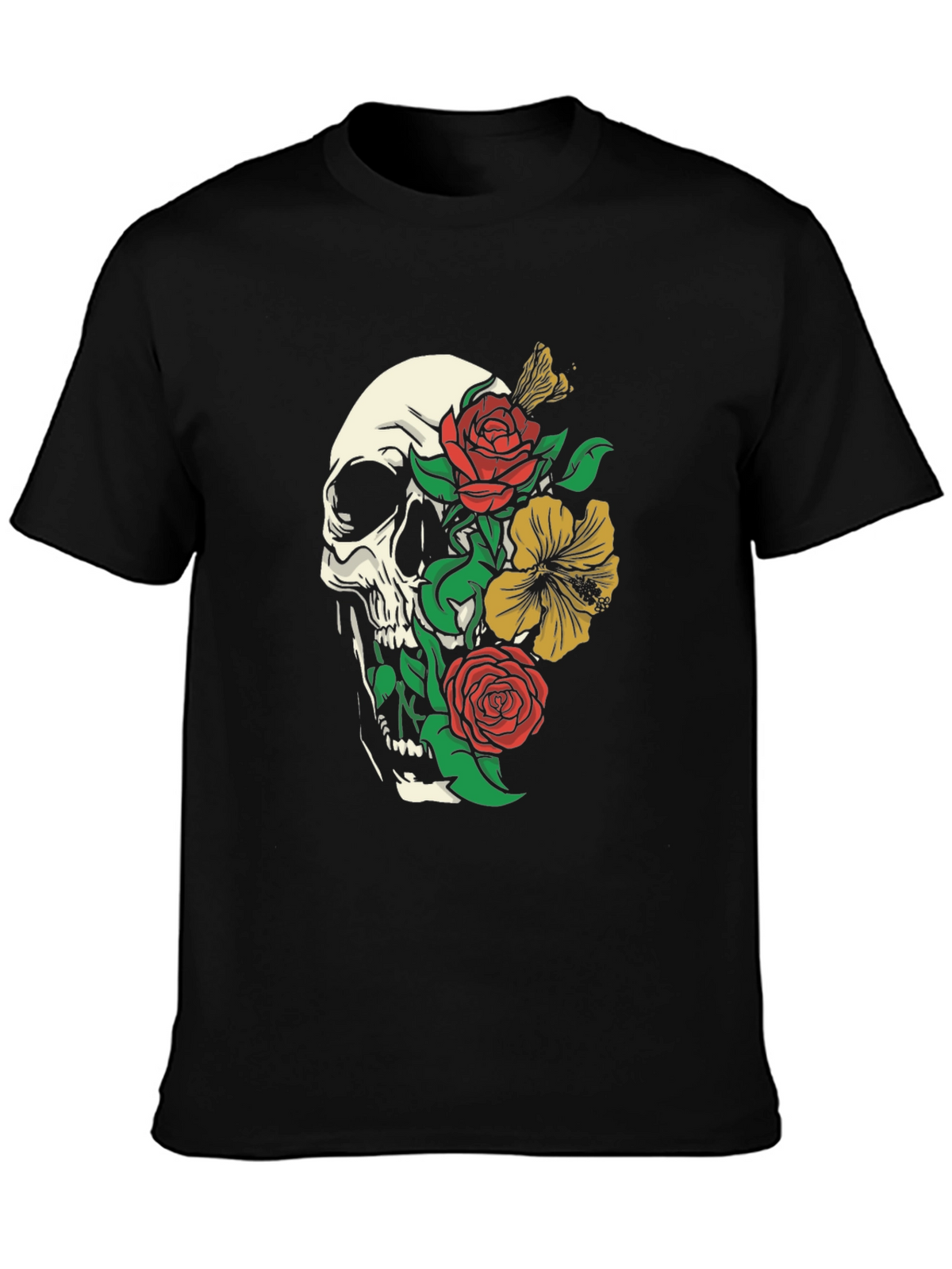 Skull & Floral Print Tee - Gothic Style
