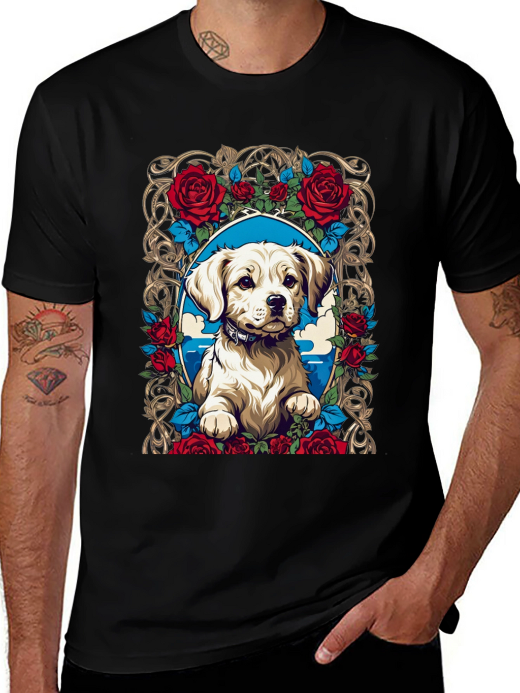 Dog & Roses Graphic Tee - Black Cotton Blend