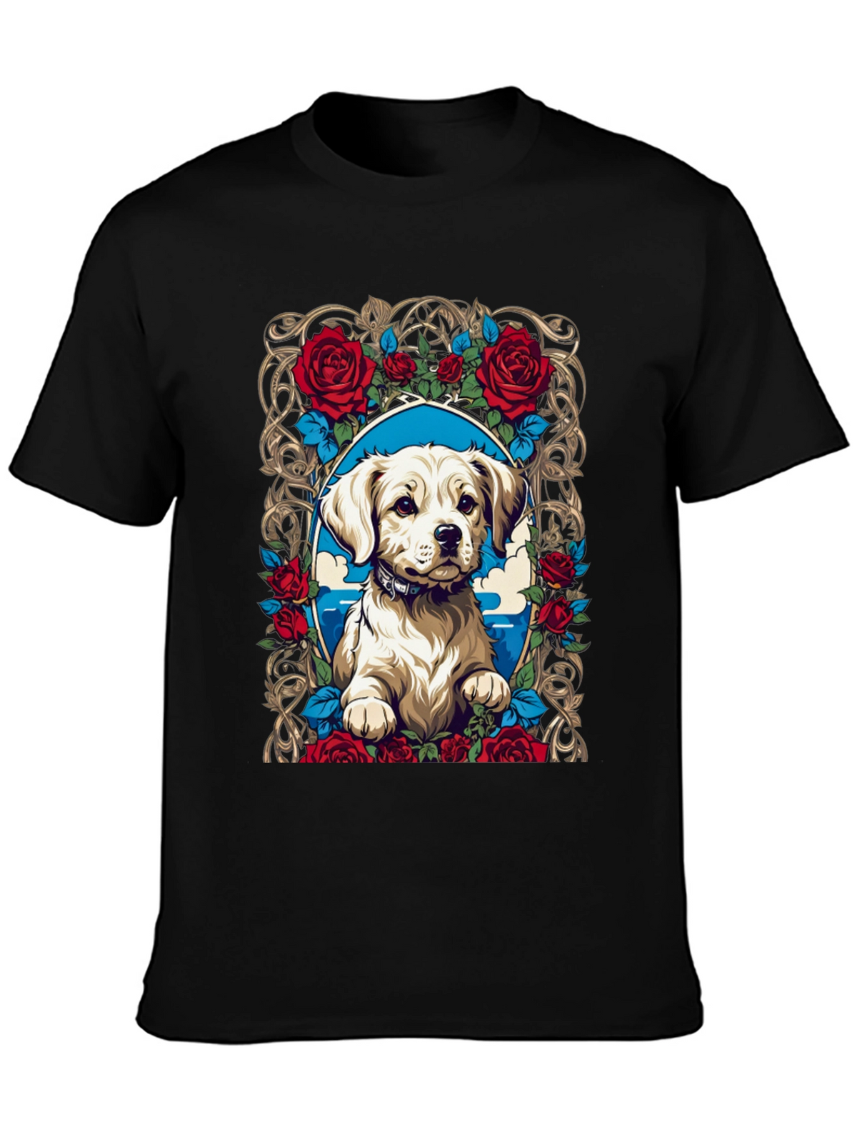 Dog & Roses Graphic Tee - Black Cotton Blend