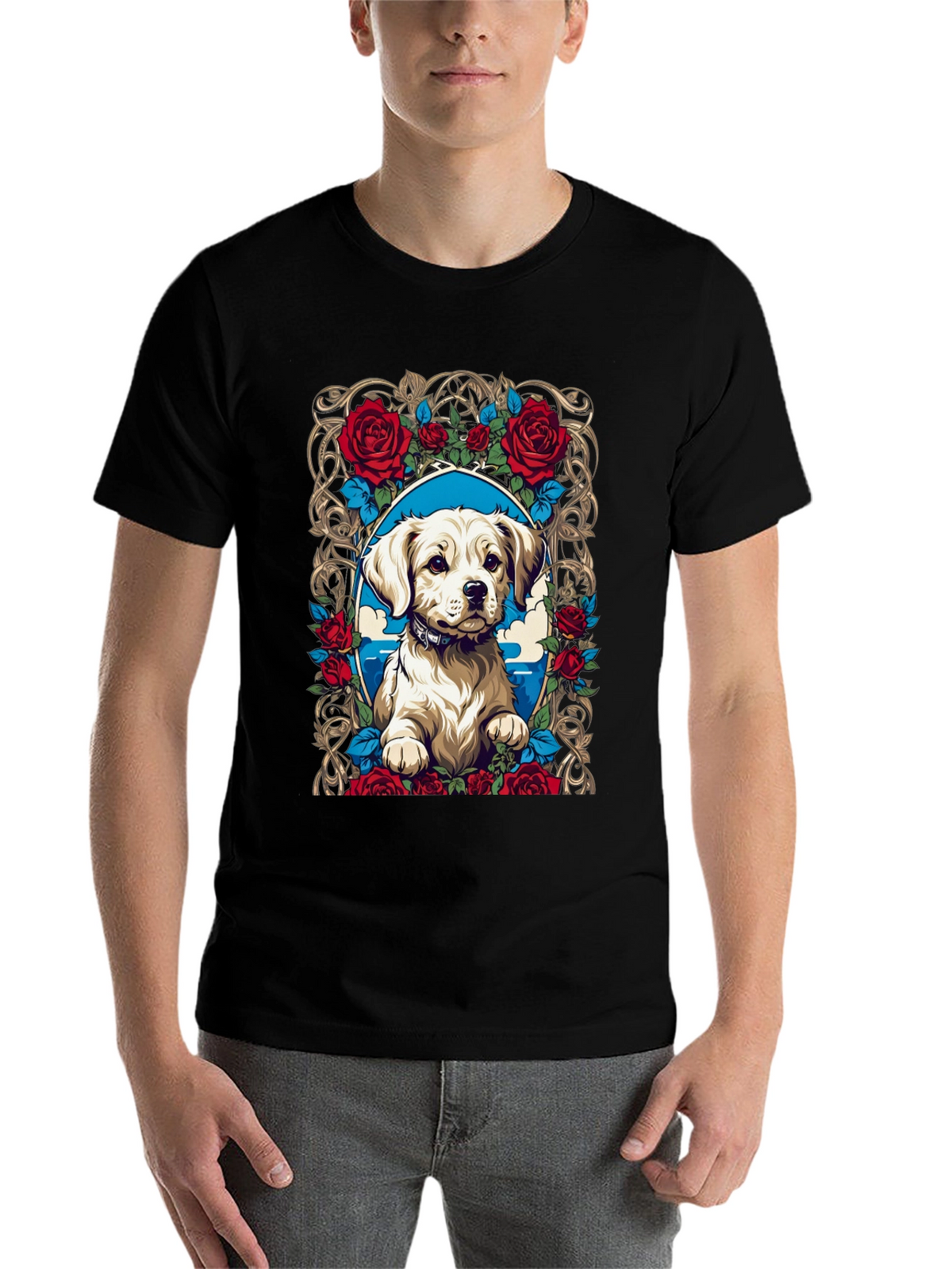 Dog & Roses Graphic Tee - Black Cotton Blend
