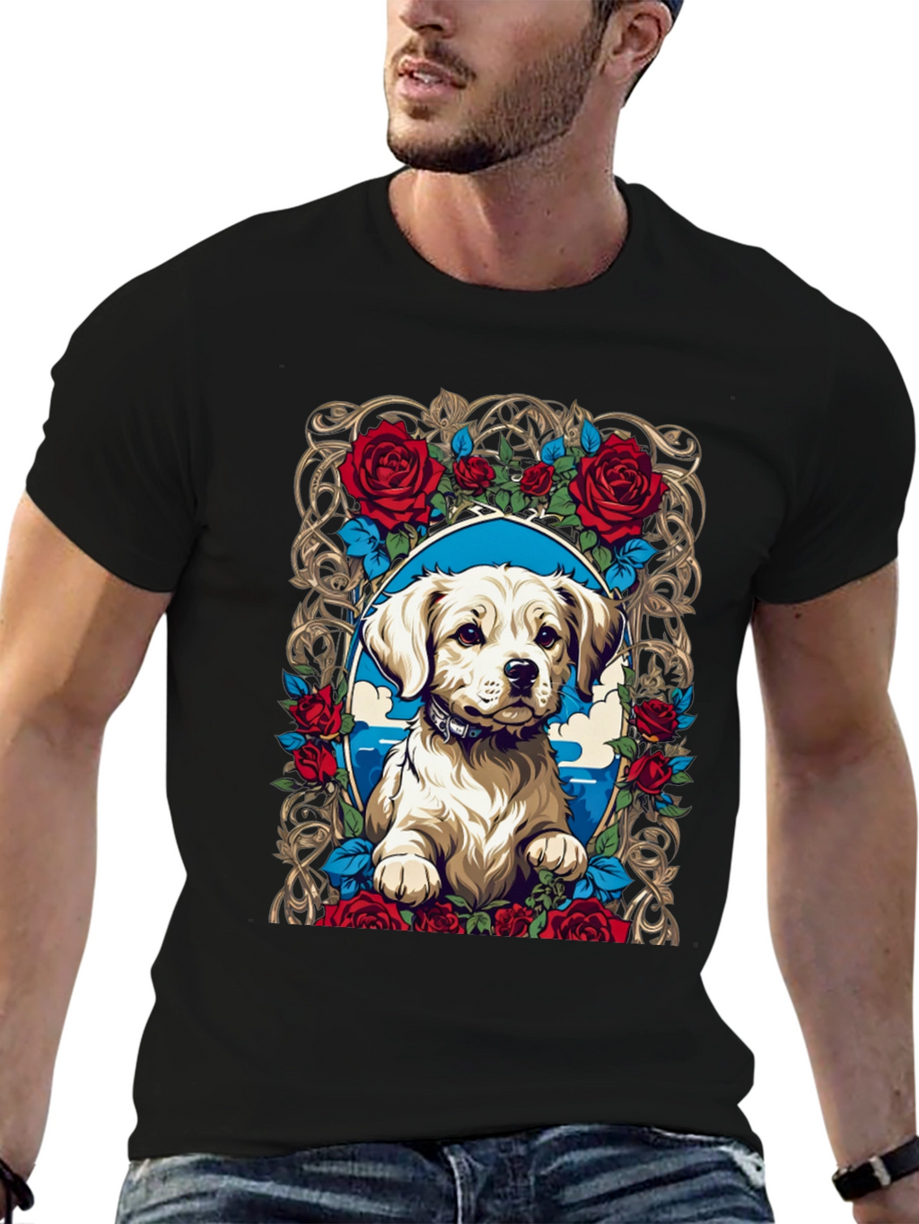 Dog & Roses Graphic Tee - Black Cotton Blend