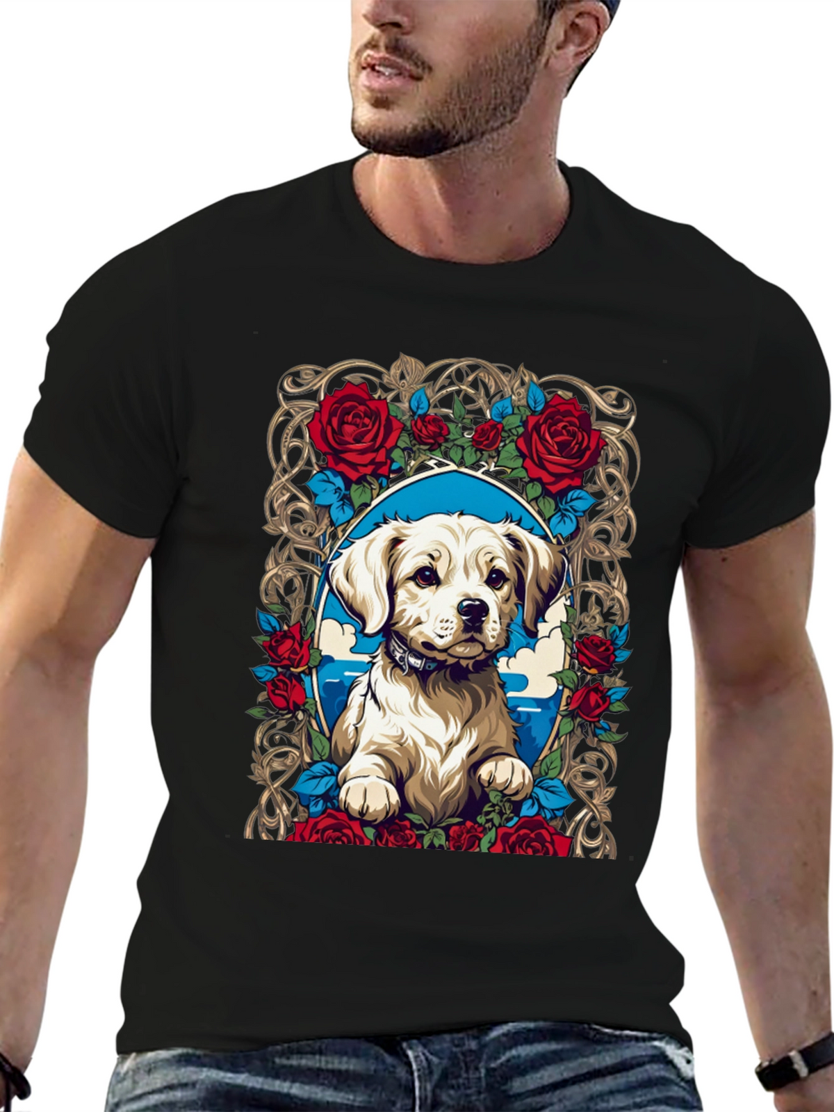 Dog & Roses Graphic Tee - Black Cotton Blend