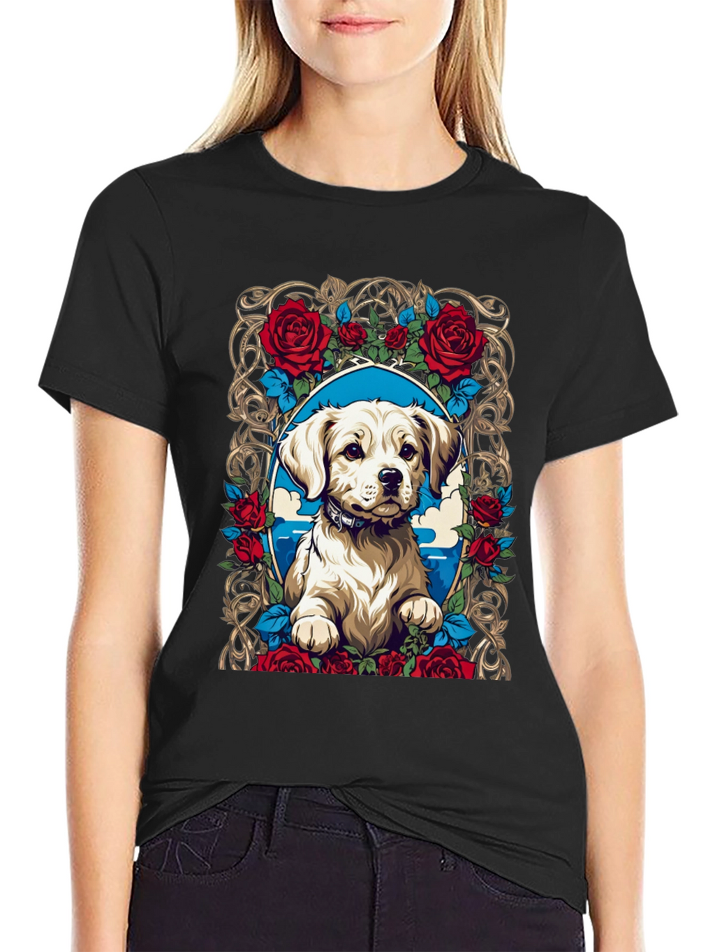 Dog & Roses Graphic Tee - Black Cotton Blend