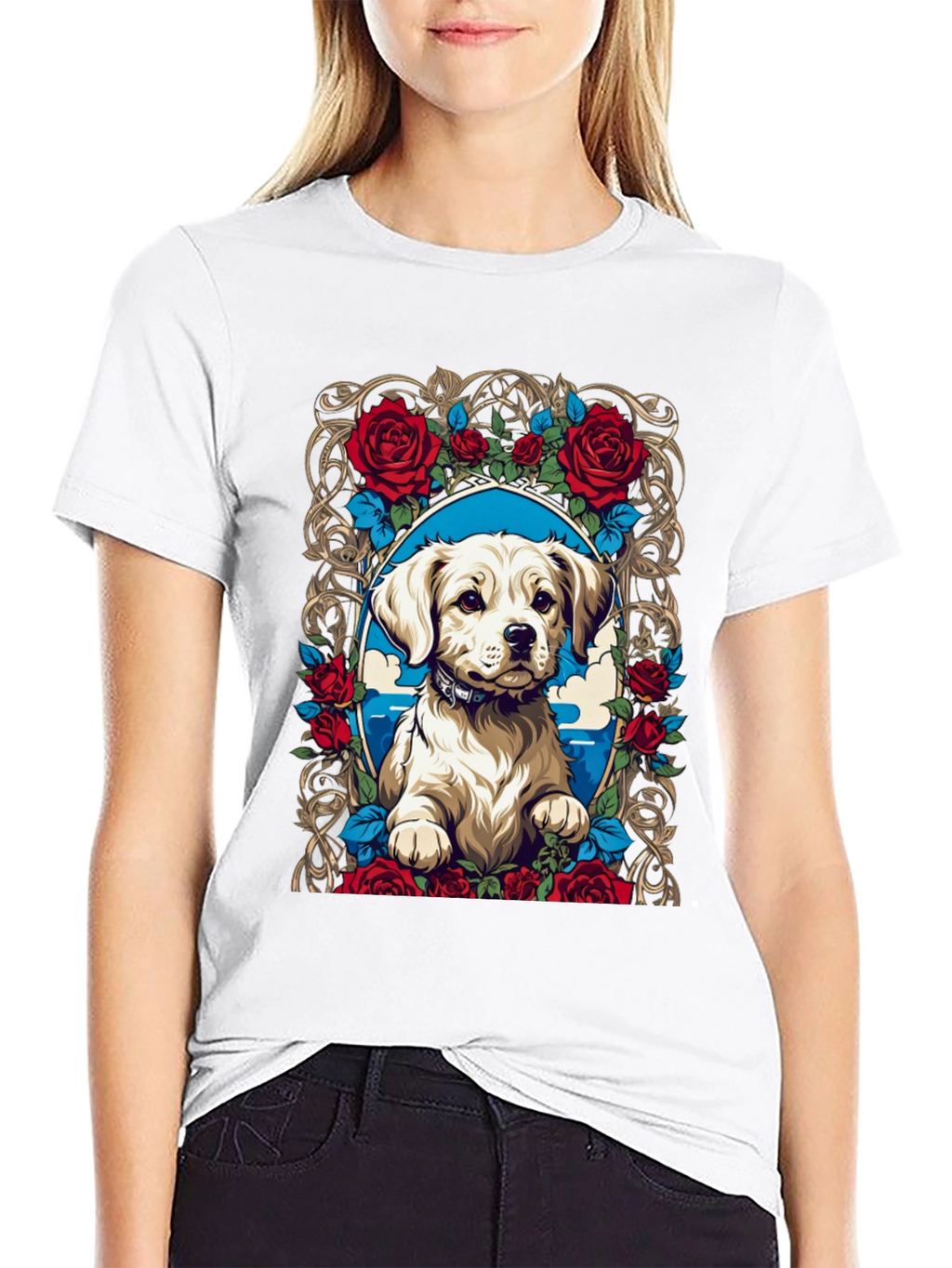 Dog & Roses Graphic Tee - Black Cotton Blend