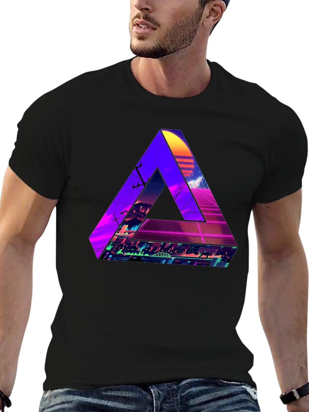 Retro Wave Triangle Graphic T-Shirt - Black