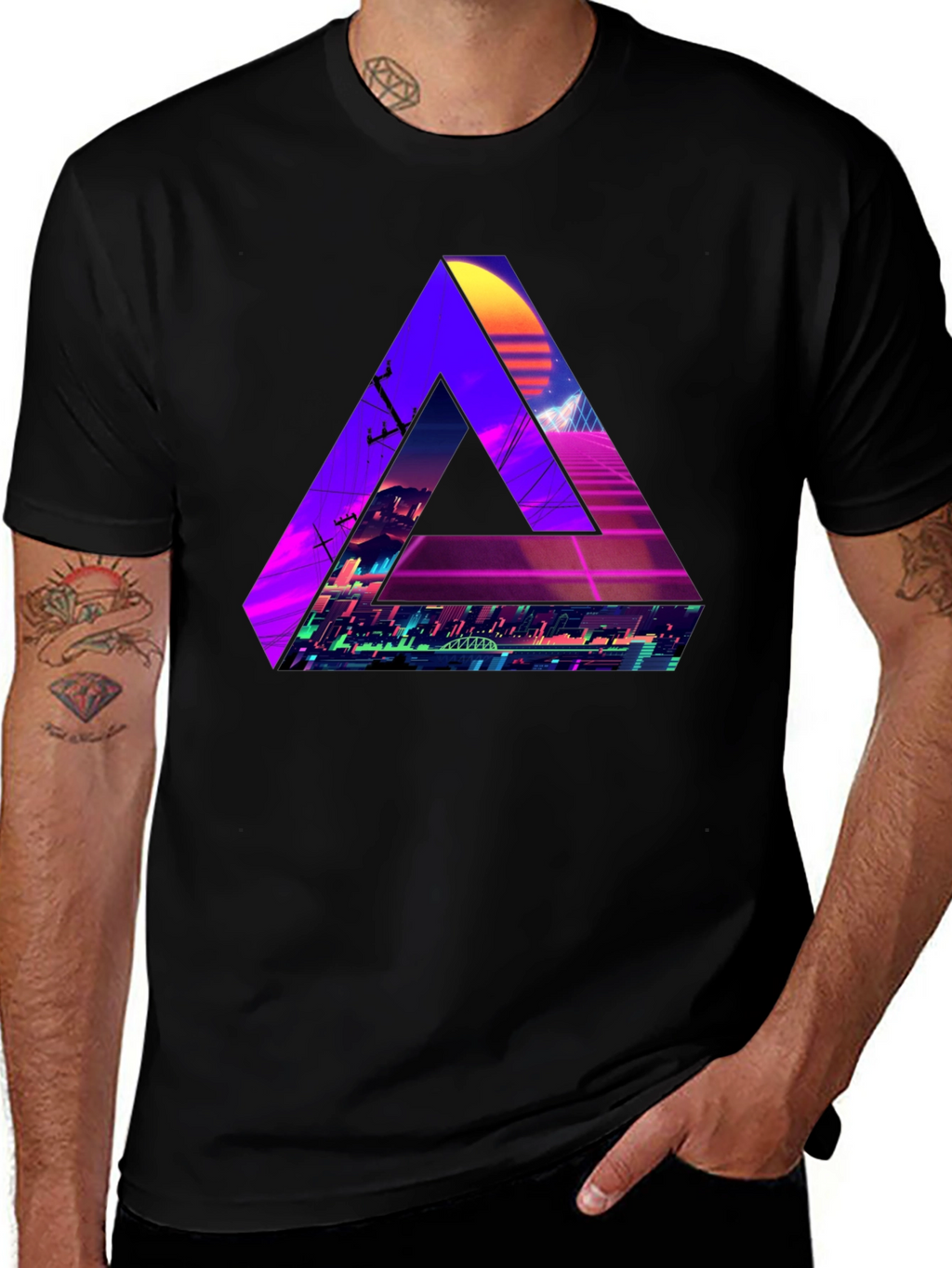Retro Wave Triangle Graphic T-Shirt - Black