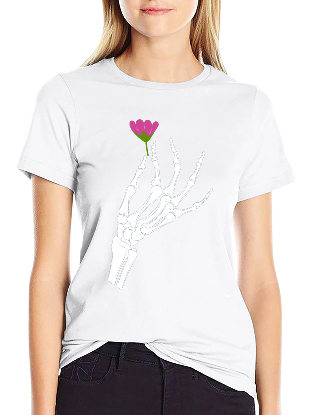 Floral Skeleton Hand Graphic Tee - Black