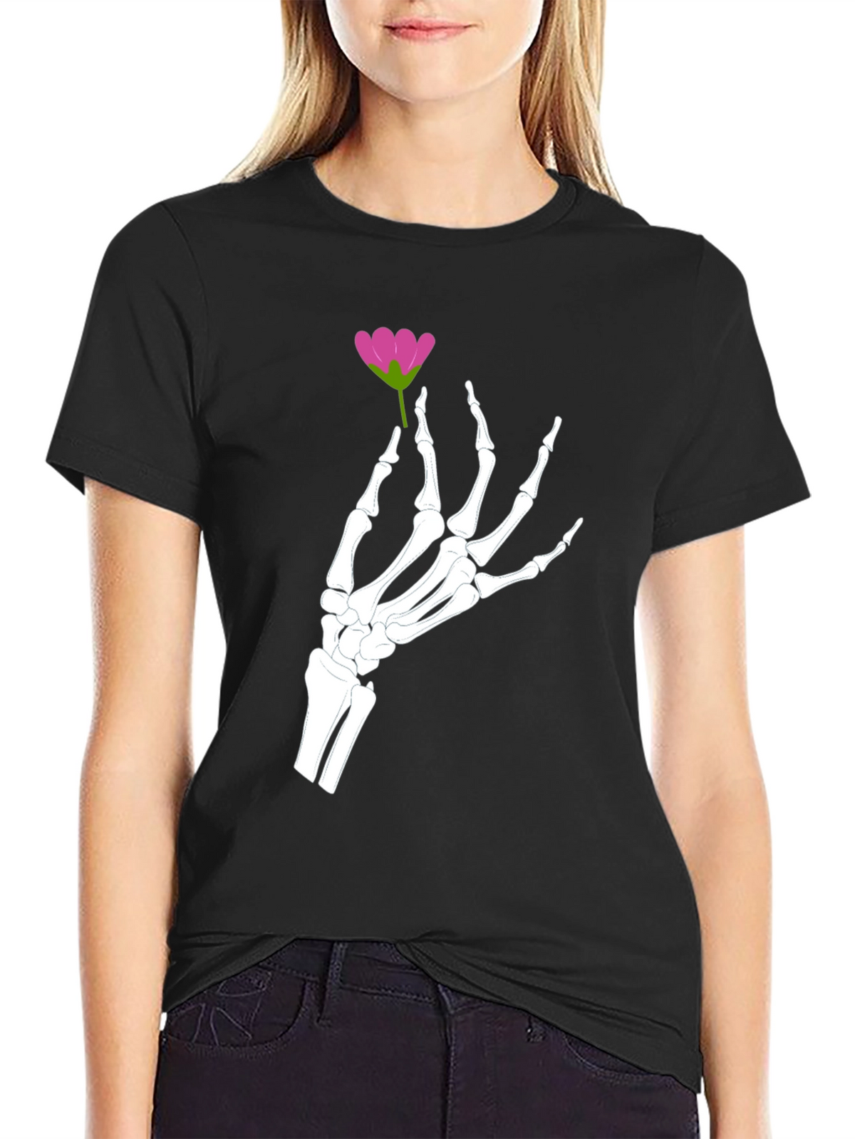 Floral Skeleton Hand Graphic Tee - Black