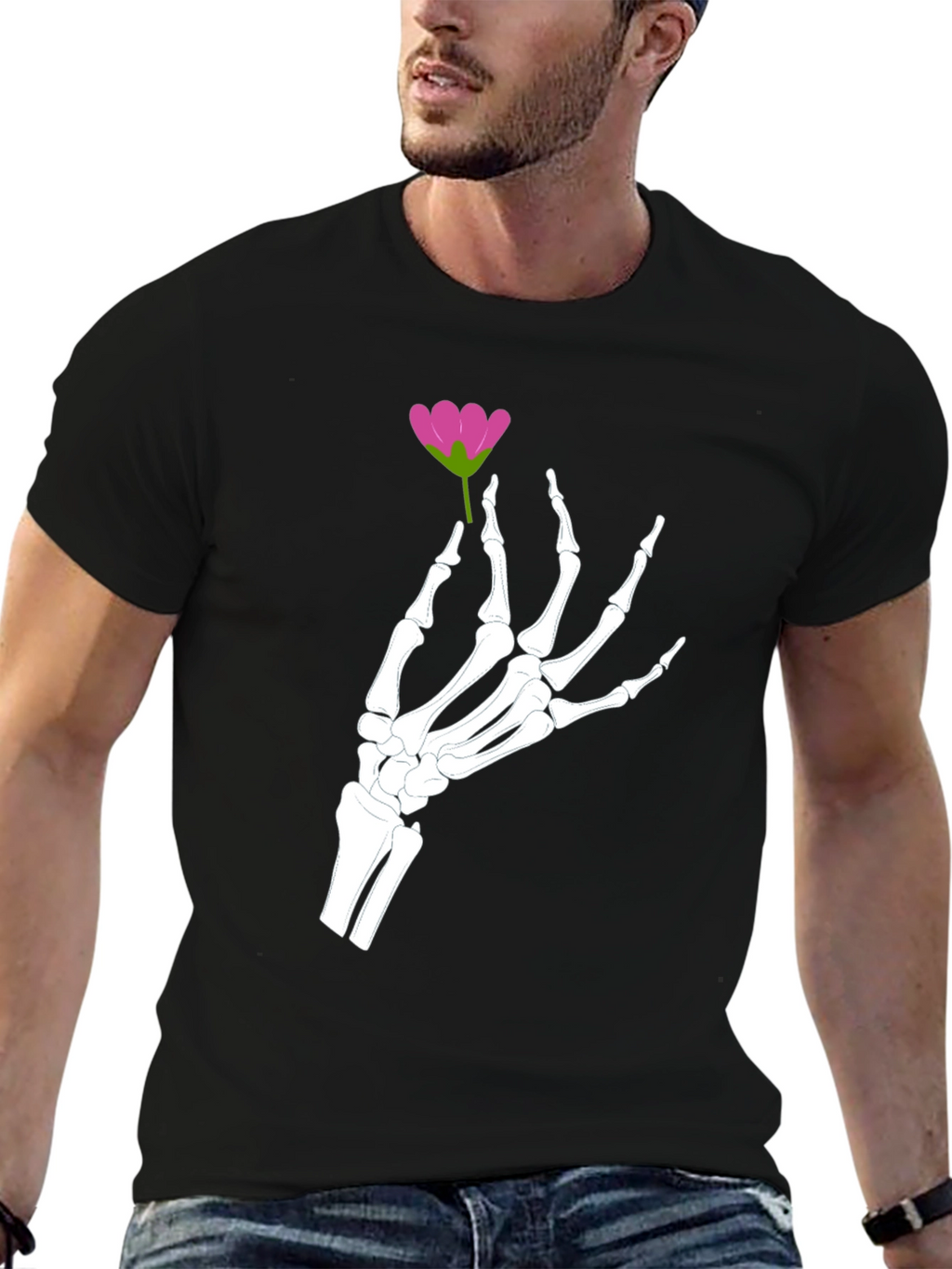 Floral Skeleton Hand Graphic Tee - Black