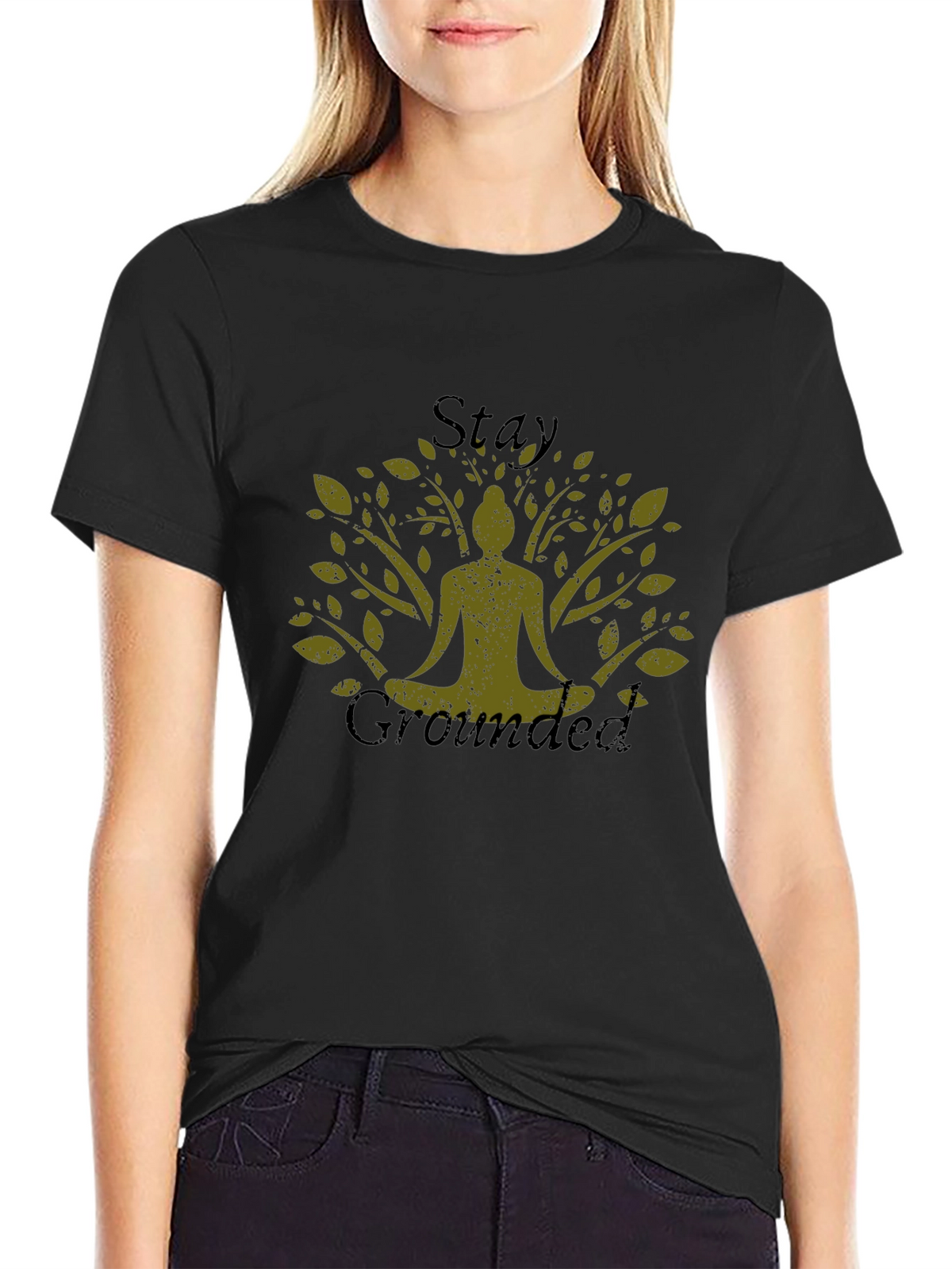 Stay Grounded Tree Yoga Graphic Tee - Black