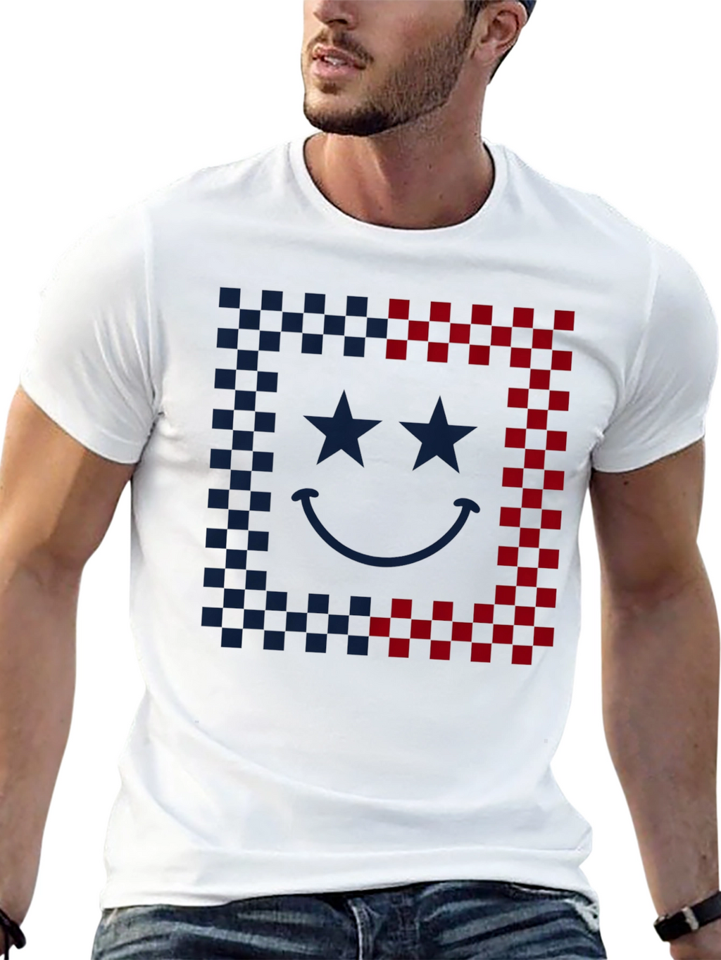 Smiley Face Checkered Border Graphic Tee