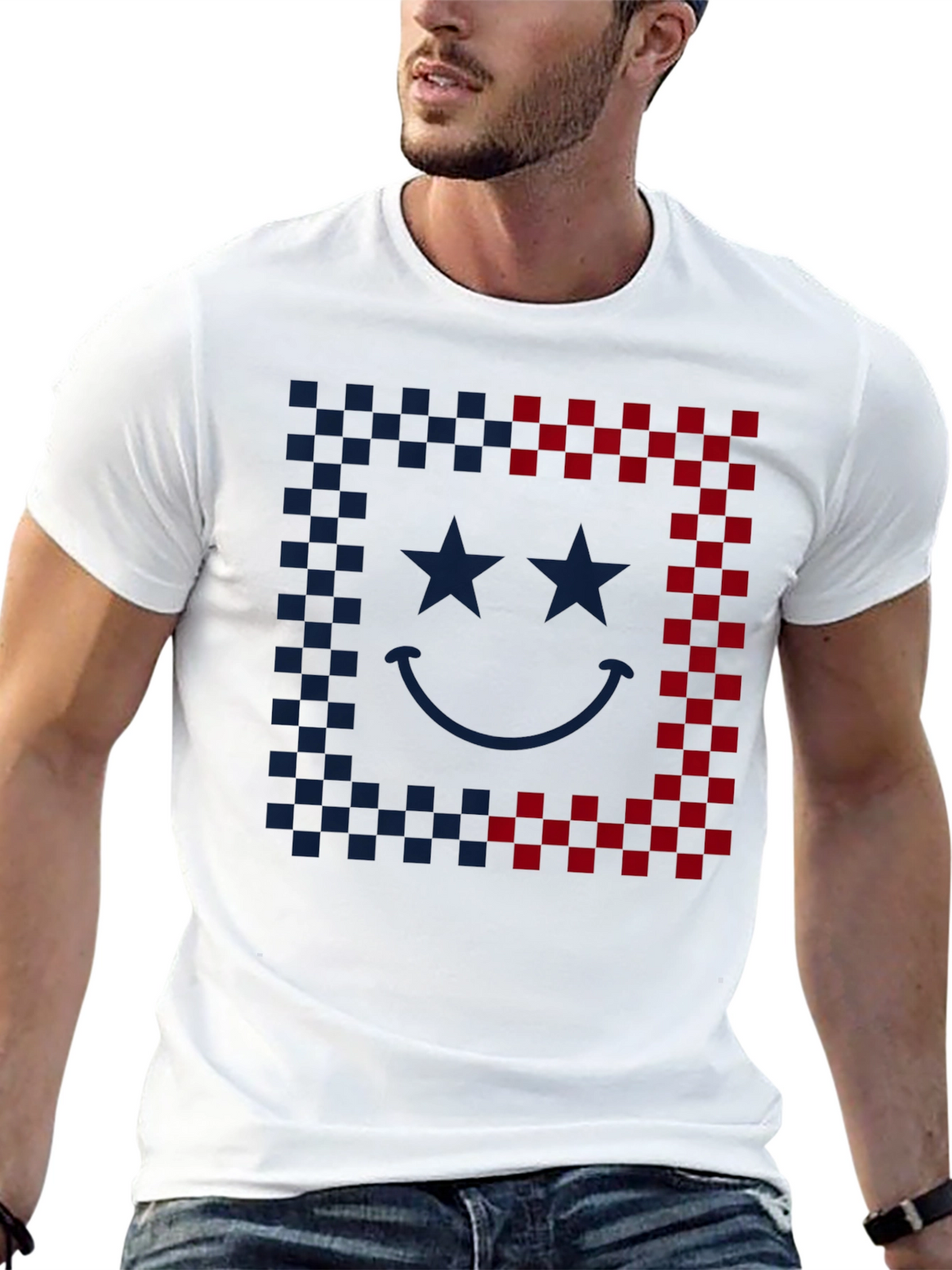 Smiley Face Checkered Border Graphic Tee