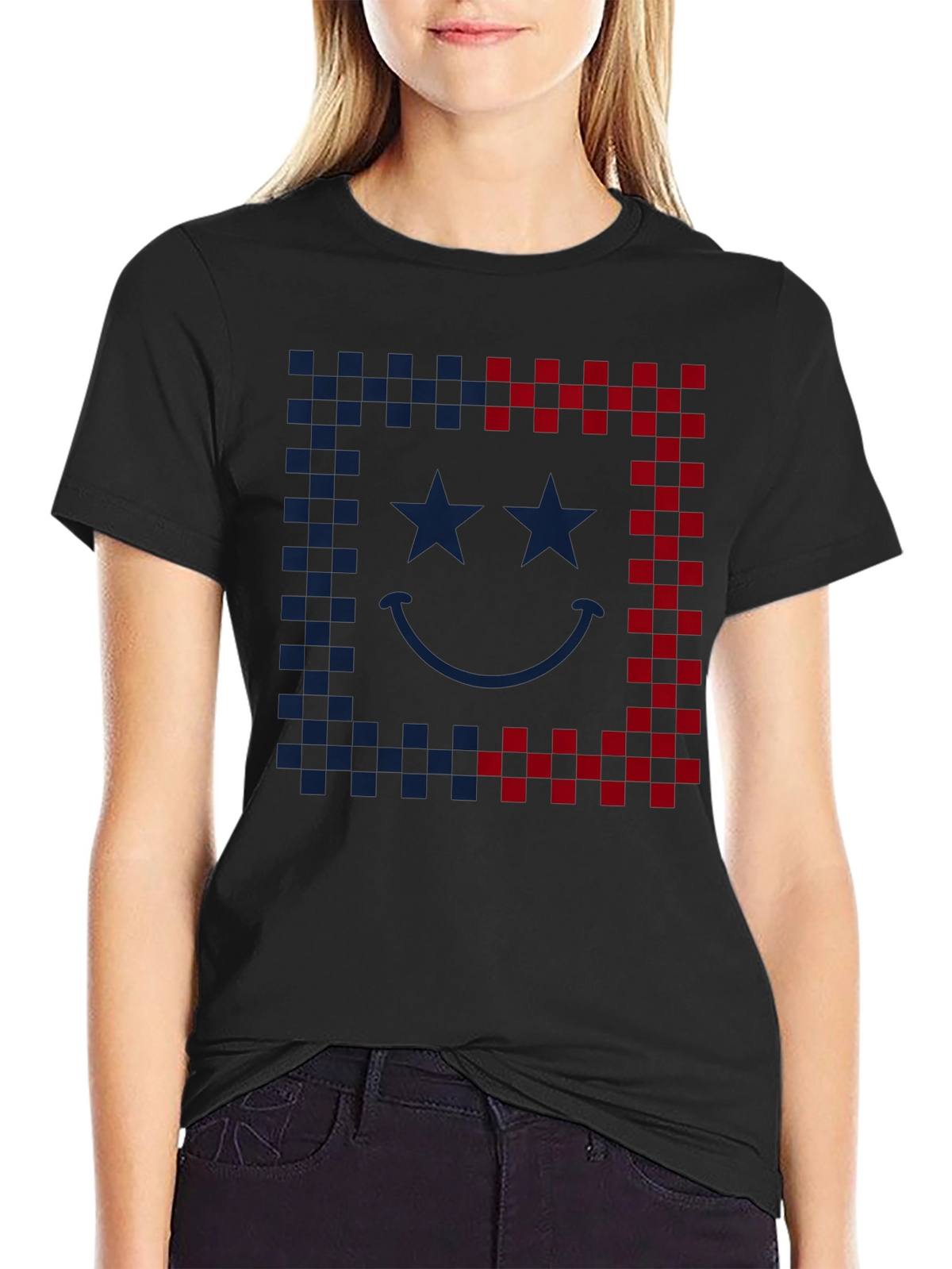 Smiley Face Checkered Border Graphic Tee