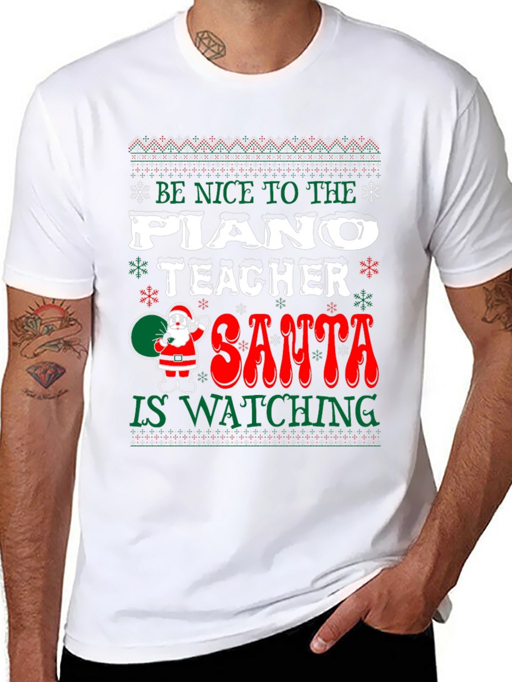 Funny Christmas Piano Teacher Santa Watching T-Shirt