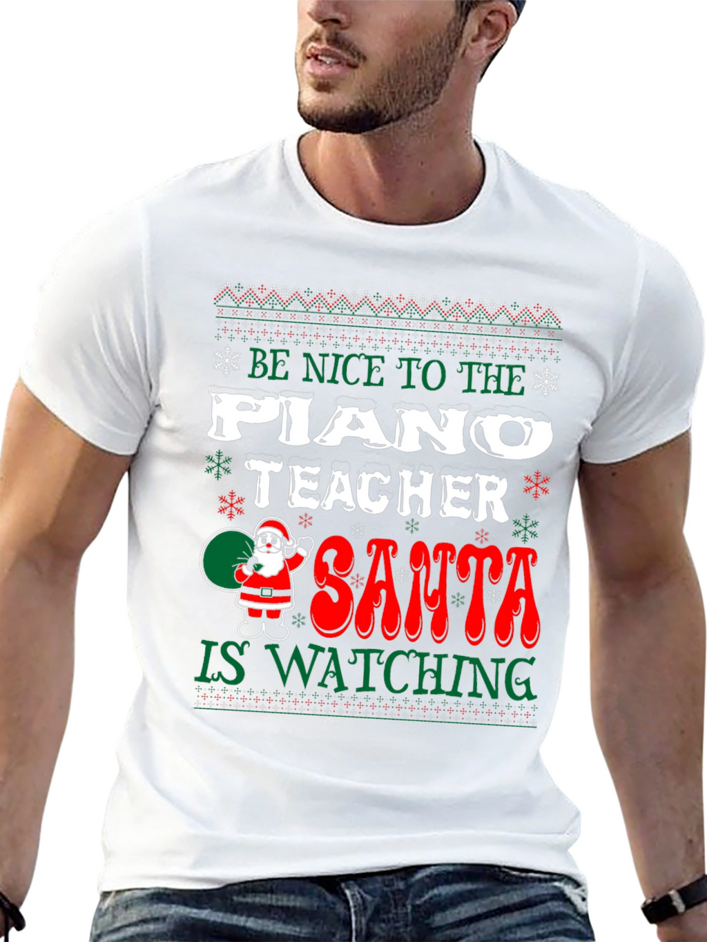 Funny Christmas Piano Teacher Santa Watching T-Shirt