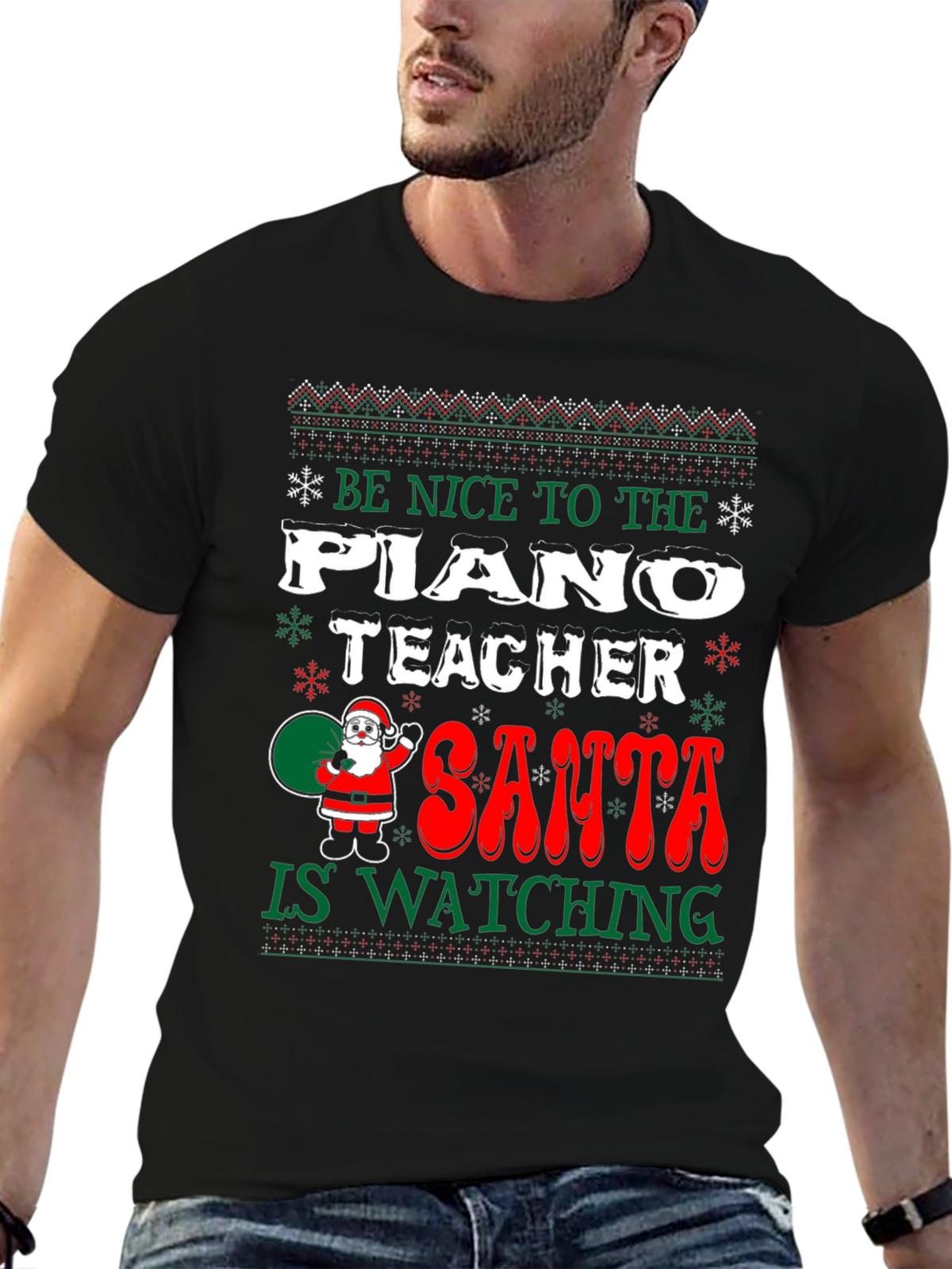 Funny Christmas Piano Teacher Santa Watching T-Shirt