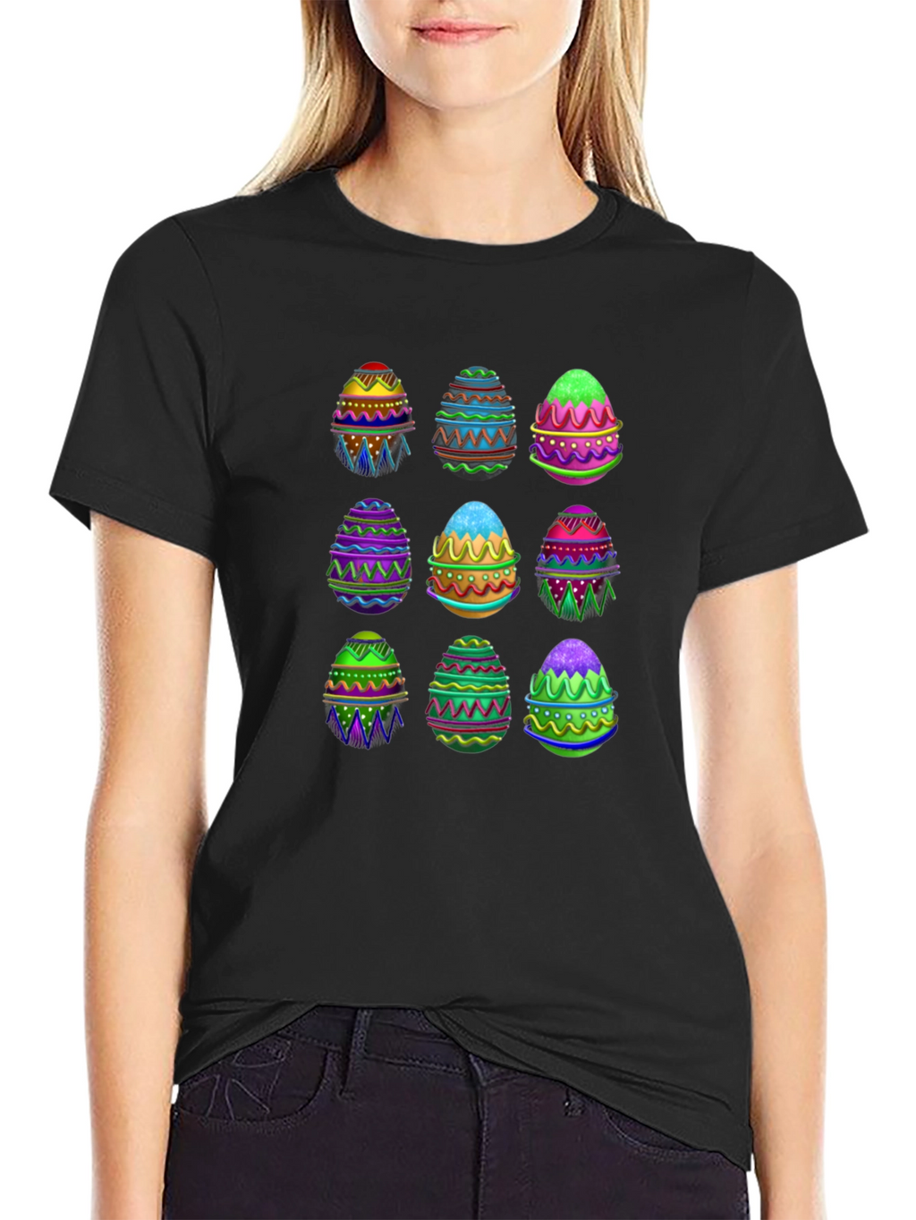 Easter Egg Pattern Black T-Shirt