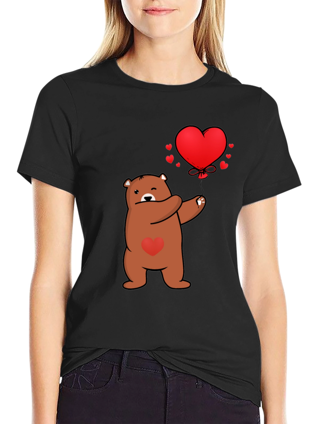 Bear with Heart Balloon Graphic Tee - Black