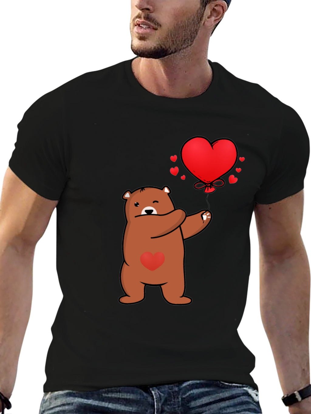Bear with Heart Balloon Graphic Tee - Black