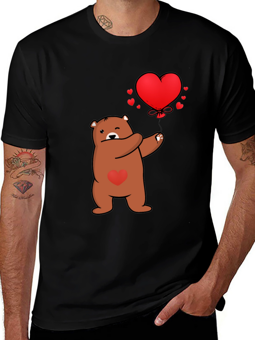 Bear with Heart Balloon Graphic Tee - Black