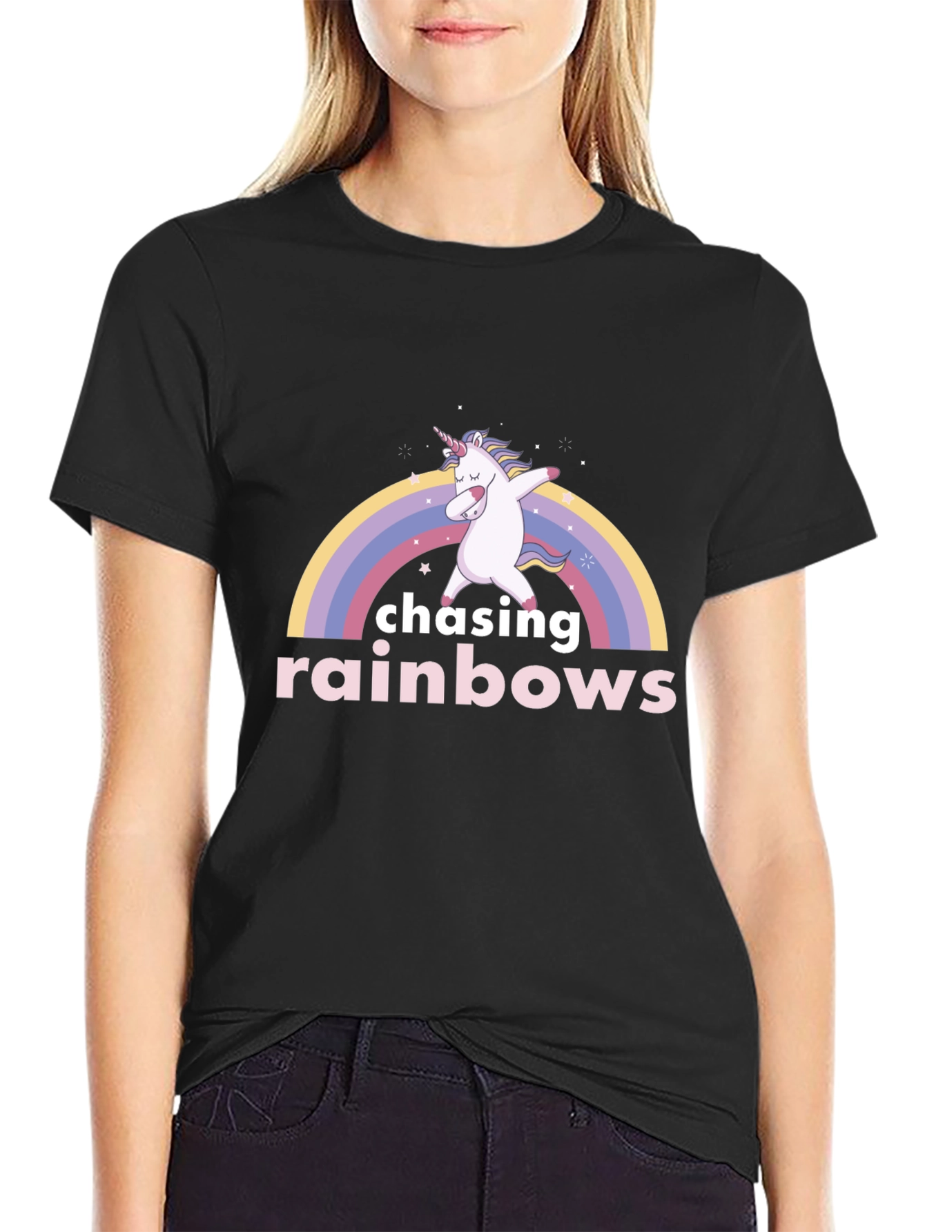 Chasing Rainbows Unicorn Dab Black T-Shirt