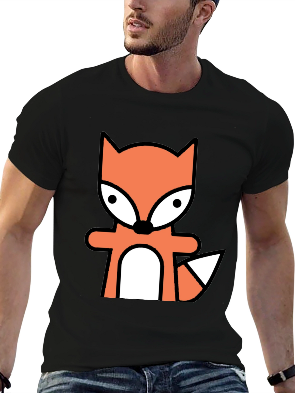 Cartoon Fox Graphic Tee - Black Cotton Blend