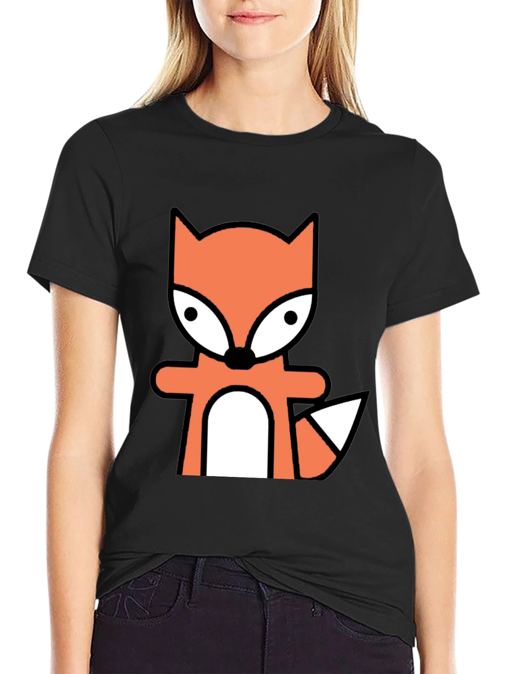 Cartoon Fox Graphic Tee - Black Cotton Blend