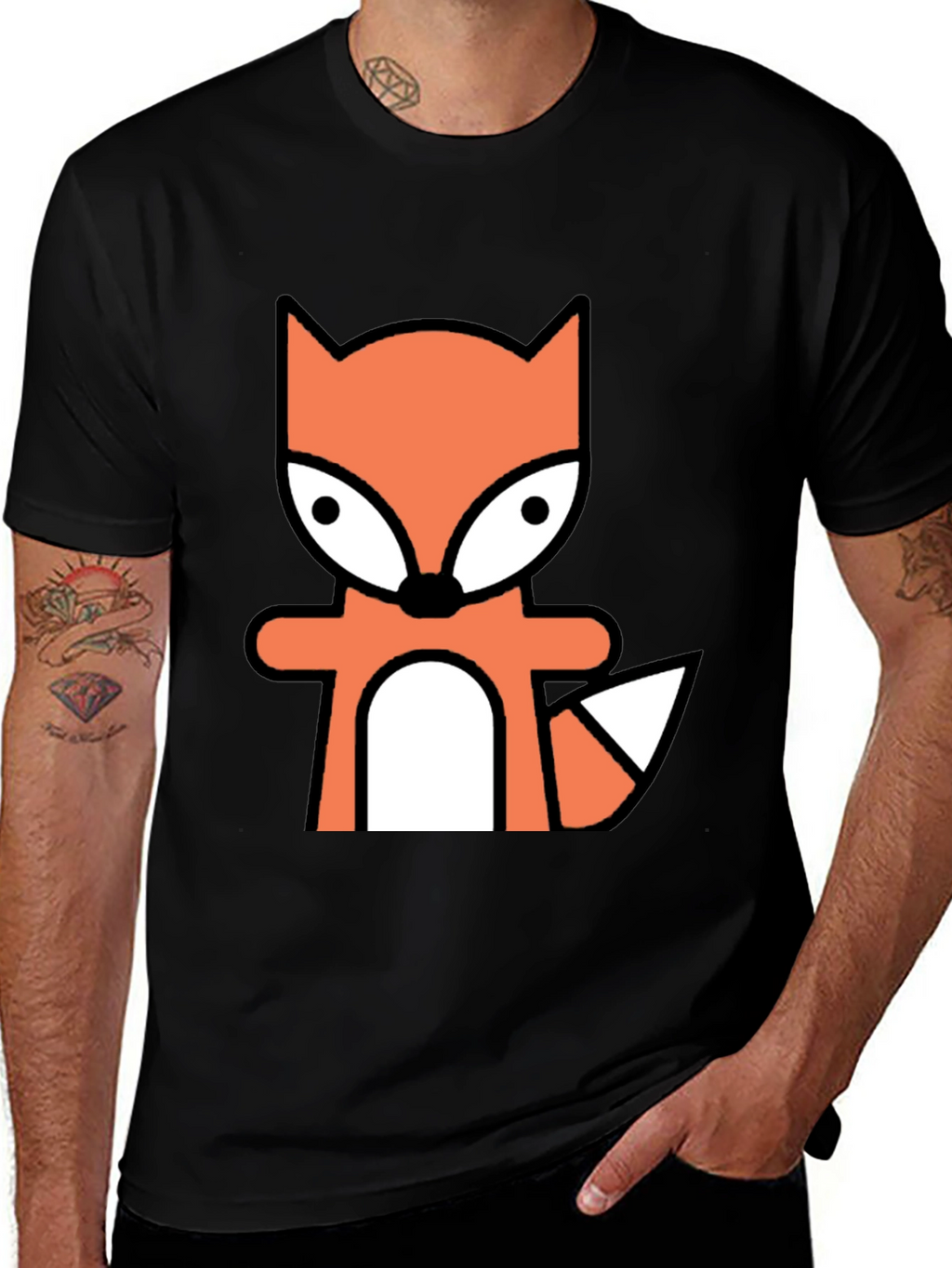 Cartoon Fox Graphic Tee - Black Cotton Blend