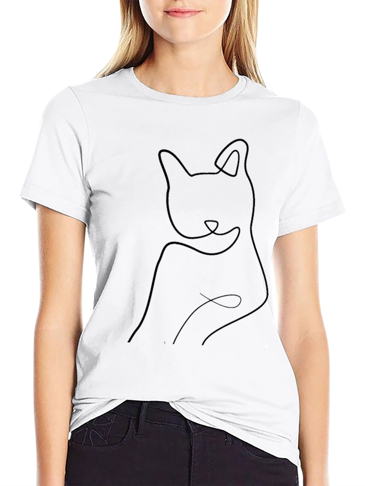 Minimalist Cat Outline Black T-Shirt