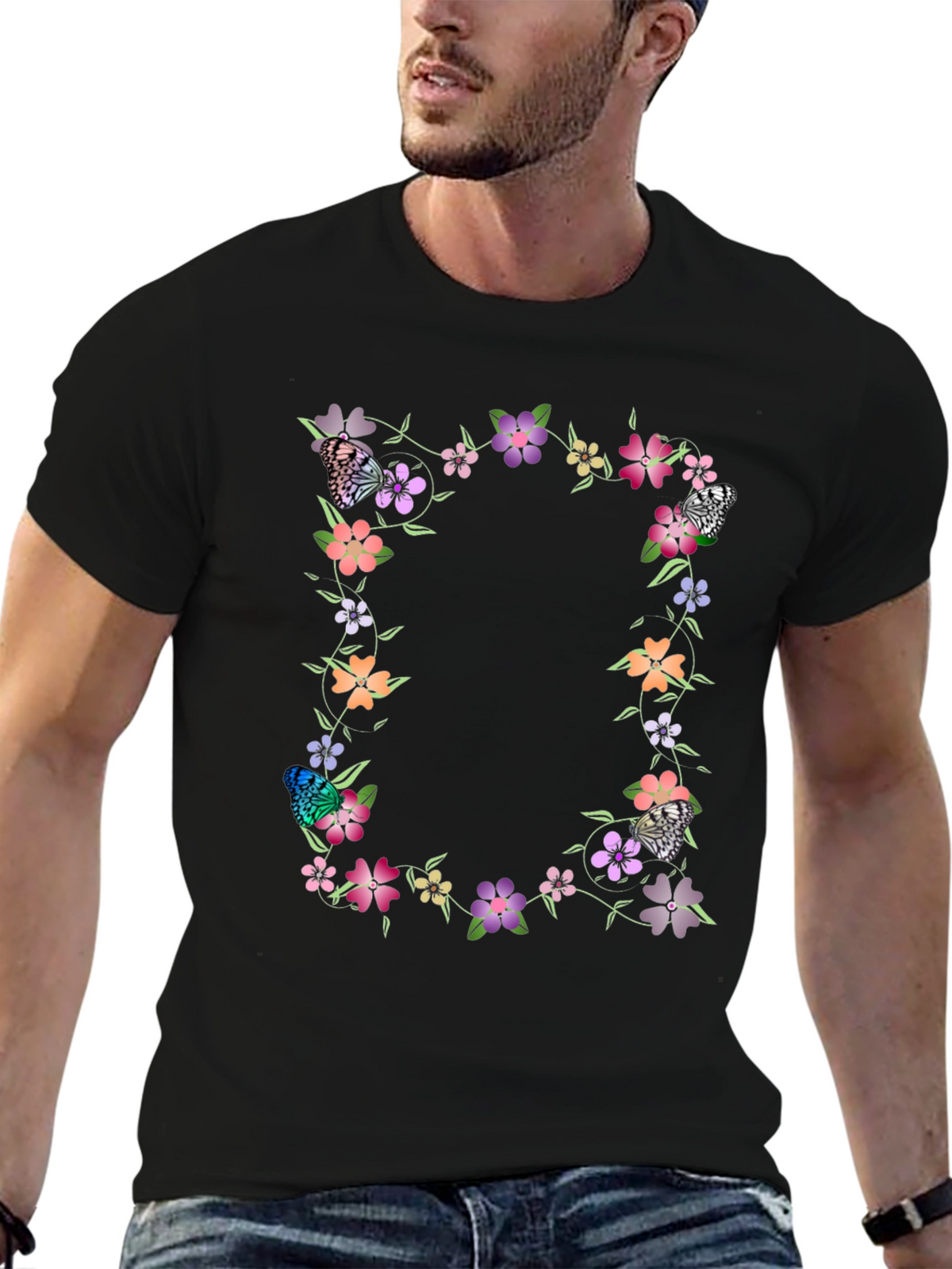 Floral Butterfly Black T-Shirt