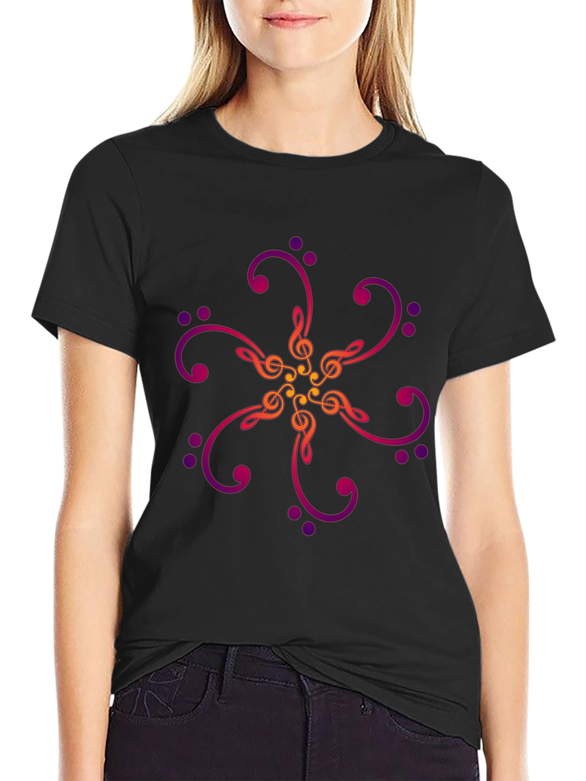 Musical Notes Graphic Print Black T-Shirt