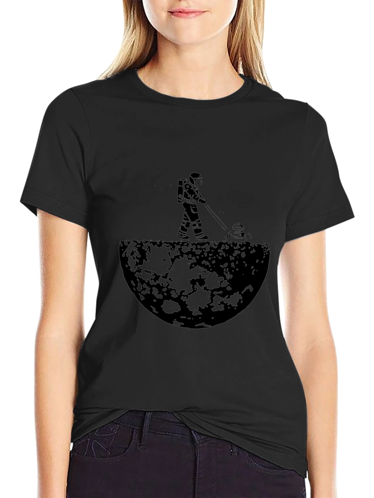 Astronaut Mowing Moon Lawn Black Graphic Tee